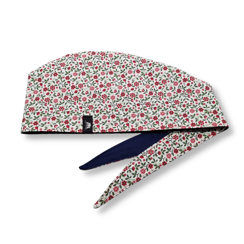 Calot de bloc couvrant réversible - petites fleurs rouges et bleu marine uni