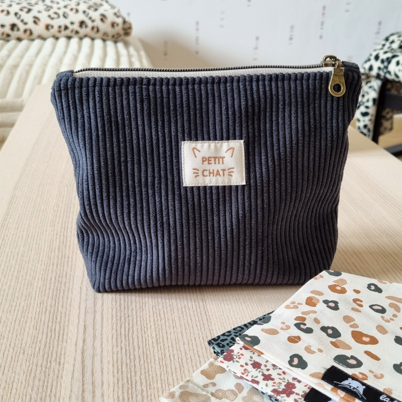 Pochette à calots - velours côtelé anthracite et fauve