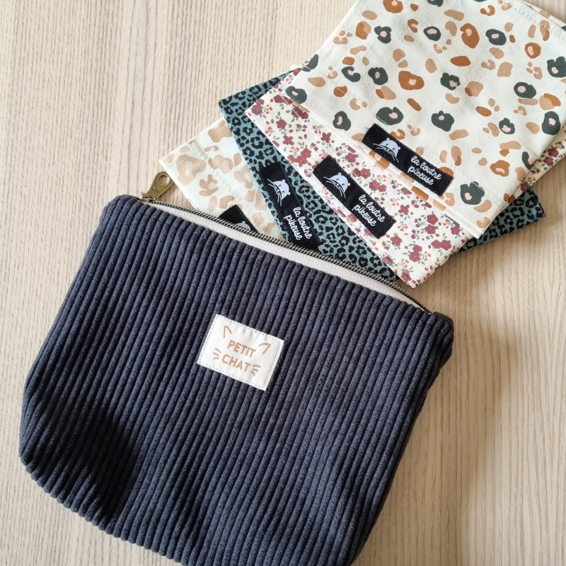 Pochette à calots - velours côtelé anthracite et fauve