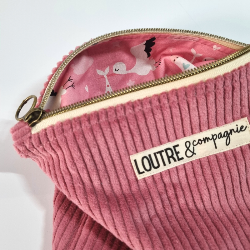 Pochette à calots - velours côtelé vieux rose et cigognes