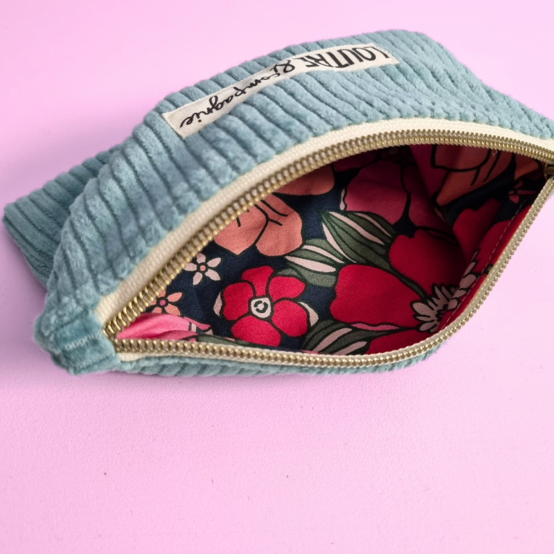 Pochette souple velours côtelé - vert amande et big flower
