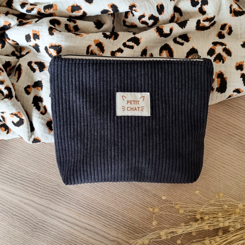 Trousse velours côtelé anthracite "petit chat"