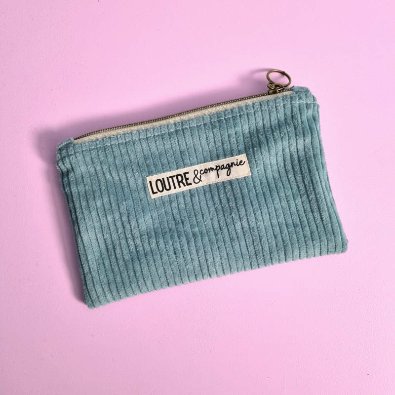 Pochette souple velours côtelé - vert amande et big flower