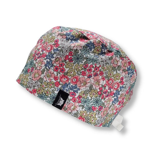 Calot court en tissu avec des fleurs vertes et roses