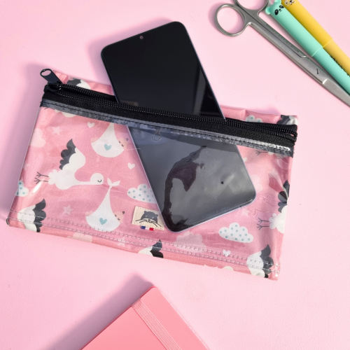 Pochette reverso plastifiée pour stylos et téléphone avec des cigognes