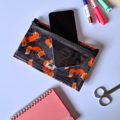 Pochette reverso plastifiée pour stylos et téléphone avec des renards
