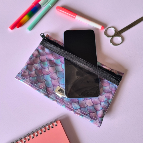 Pochette reverso plastifiée pour stylos et téléphone motif sirène violette