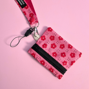 Porte-badge zippé fleurs rouges et roses